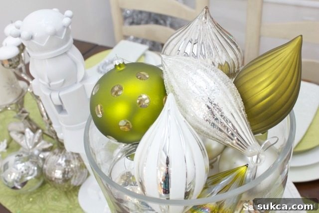 Full Christmas Table View Wider view of Chartreuse and White Christmas Tablescape with dining chairs