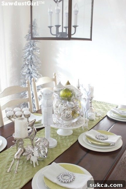 Centerpiece Final Touch Final detail of Chartreuse and White Christmas Tablescape centerpiece