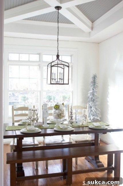 Silver Christmas Tree Centerpiece Detail of Chartreuse and White Christmas Tablescape with silver tree