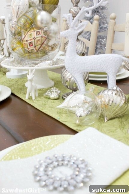 Repurposed Christmas Ornaments Chartreuse and White Christmas Tablescape featuring repurposed ornaments
