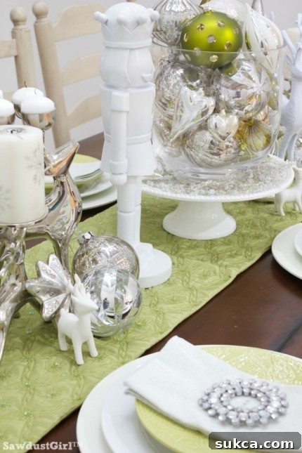 Elegant Christmas Dinner Table Overview of Chartreuse and White Christmas Tablescape