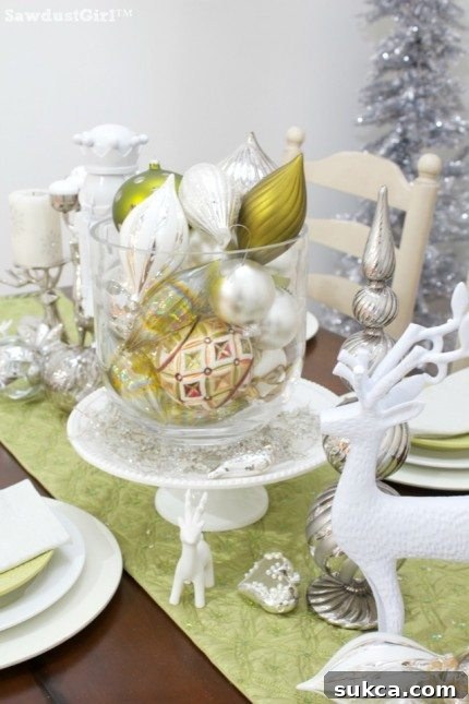 Festive Candle Decor Candle and ornament arrangement on Chartreuse and White Christmas Tablescape