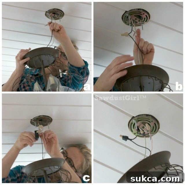 Connecting black, white, and green wires for a light fixture