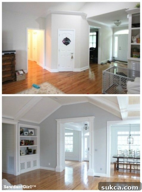 Dramatic before and after comparison of the living room, highlighting significant renovation.