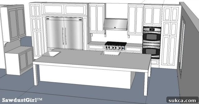 Kitchen design illustrating a new location for the ovens, optimizing the cooking zone layout.