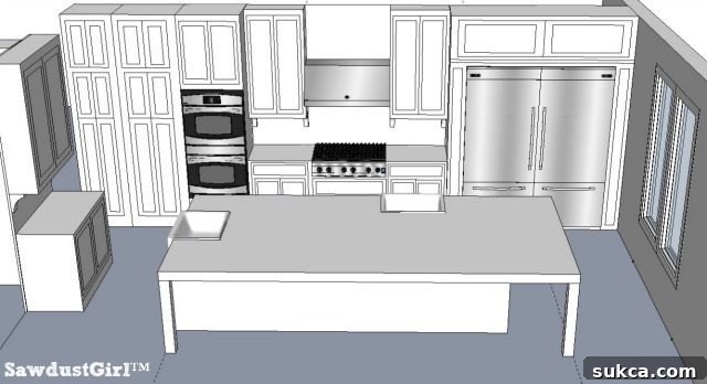 Another kitchen layout showcasing a different strategic relocation of the ovens for improved workflow.