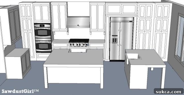 The final chosen kitchen design layout, featuring optimal appliance placement and an integrated large island.