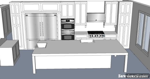 Kitchen design featuring integrated ovens and cooktop with a single large kitchen island, reducing pantry space.