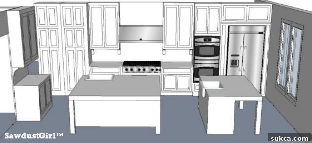 Kitchen layout featuring two separate islands and a relocated refrigerator, enhancing segmented work zones.