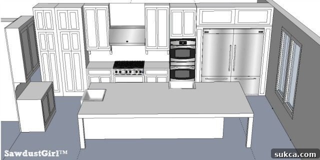 Kitchen design showing a variation in island shape and size, maintaining appliance configuration.