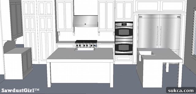 Further island design variation in the kitchen layout, demonstrating diverse shapes and integrated features.