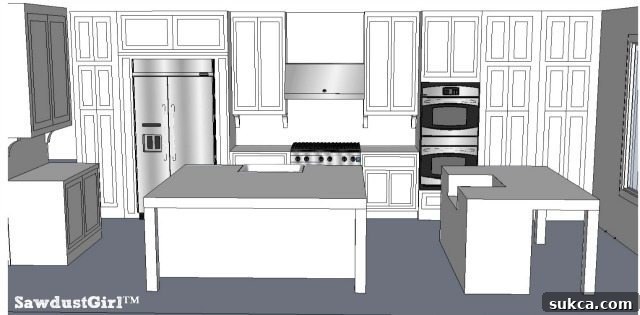 Kitchen layout with the refrigerator strategically repositioned, impacting workflow and accessibility.