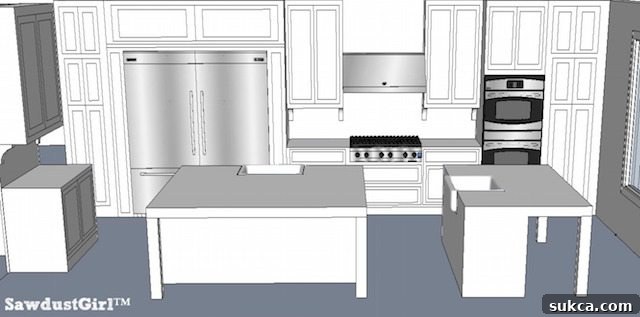 Another perspective of the kitchen layout, highlighting a different strategic placement for the refrigerator.