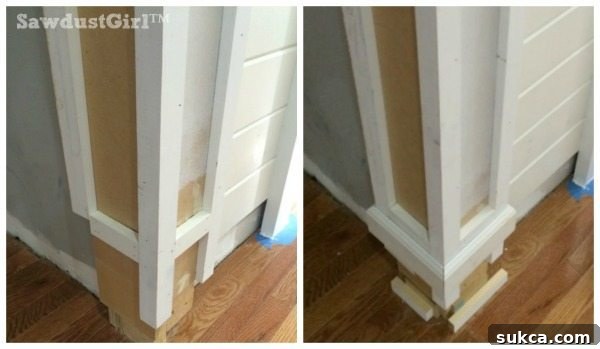 Layered baseboard construction on a decorative doorway column
