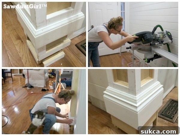 Close-up of mitered corner on layered baseboard
