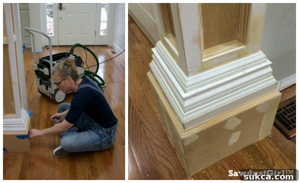 Decorative columns with baseboard ready for paint preparation