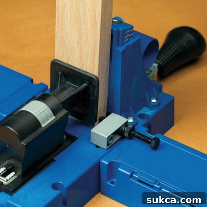 Kreg K5 with alignment block in place for repetitive drilling