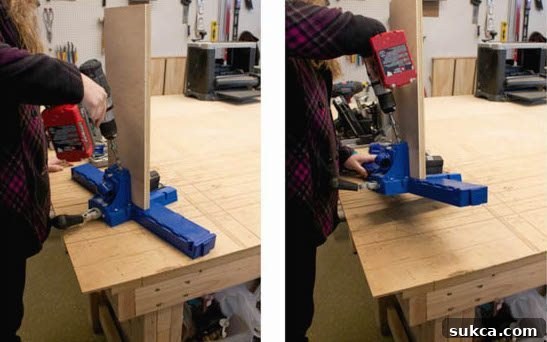 Woodworker using the Kreg K5 pocket hole jig, clamped to a workbench
