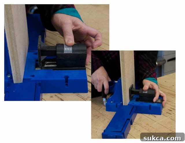 Kreg K5 pocket hole jig with thickness clamp and depth block highlighted