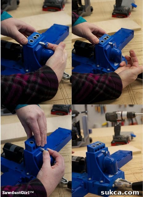 Close-up of Kreg K5 drilling depth block adjustment