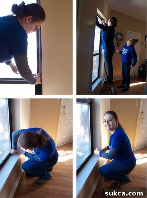 Applying double-sided tape to a clean window frame for shrink film