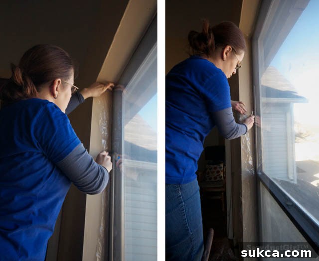 Trimming excess FrostKing window shrink film for a clean look