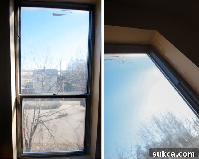 Successfully winterized window with shrink film, enhancing home comfort