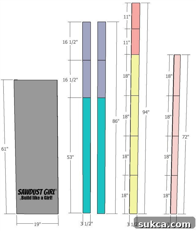 Detailed free project plans for building an easy DIY wood bench, including precise measurements for cutting legs and aprons.