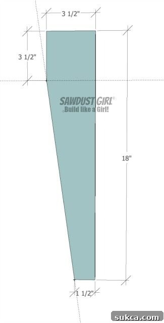 Detailed cut diagram for the wide leg section of the DIY Tapered Leg Bench, showing precise angle measurements.