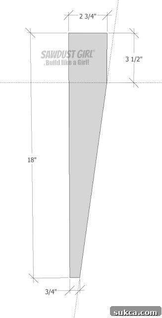 Detailed cut diagram for the narrow leg section of the DIY Tapered Leg Bench, illustrating the tapered cuts needed.