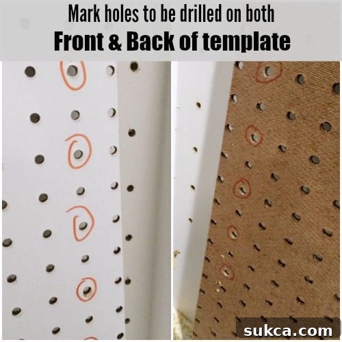 DIY Jig for drilling Shelf Pin Holes, highlighting front and back markings for partial jigs