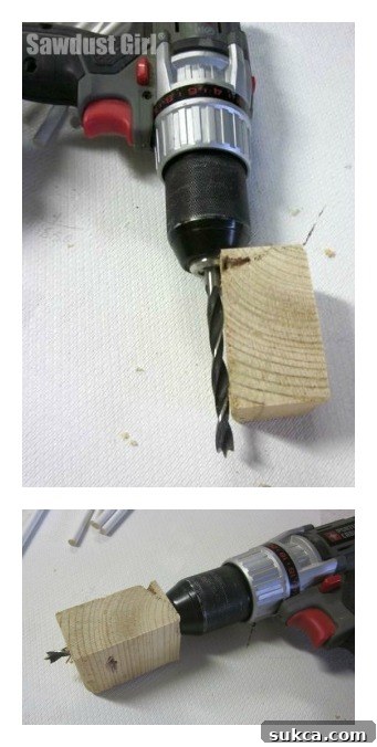 Detailed view of making a drill stop block from wood