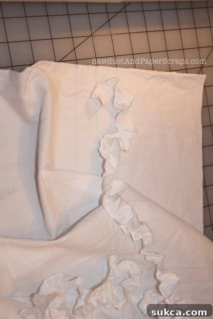 Sewing ruffles onto fabric for grocery bags