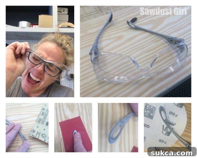 Making Safety Glasses User-Friendly for Long Hair Step-by-step guide on how to modify safety glasses to prevent hair pulling, demonstrating the use of sandpaper for a smooth finish.