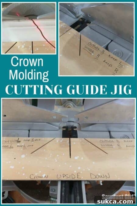 collage of wood on miter saw with a cutting jig showcasing different cuts