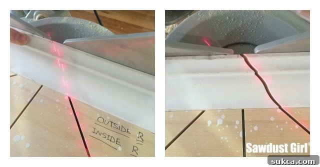 Close-up of a woodworking machine cutting crown molding