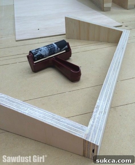 Speedball Hard Rubber Brayer positioned upside down to keep glue off the workbench.