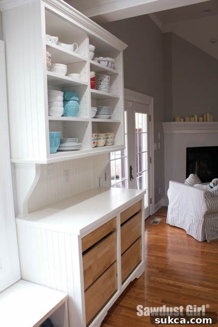 Custom China Hutch Interior with Blumotion Detailed view of a China Hutch with drawers utilizing Blum Tandem Plus Blumotion hardware, from Sawdust Girl plans