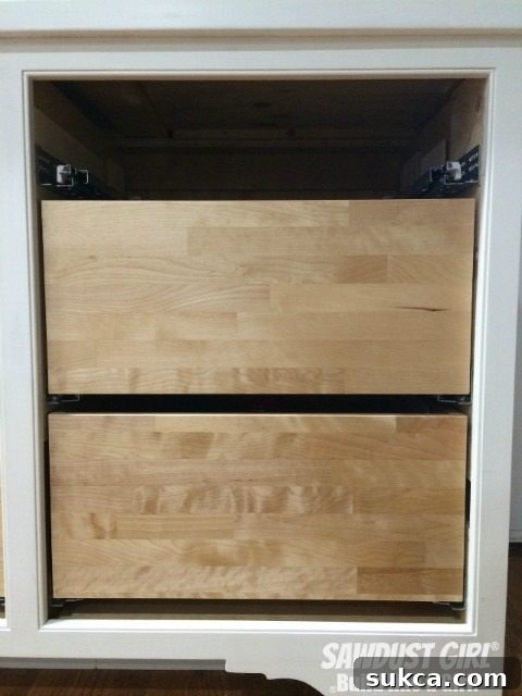 Finished Drawer Installation with Blumotion Completed kitchen cabinet drawers featuring Blum Tandem Plus Blumotion soft-close slides
