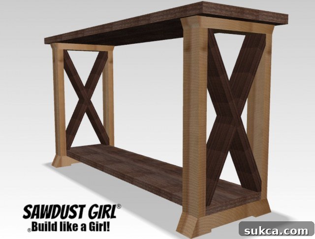 Custom built BoX Leg Console Table with X-shaped supports, a free DIY woodworking project plan from SawdustGirl.com