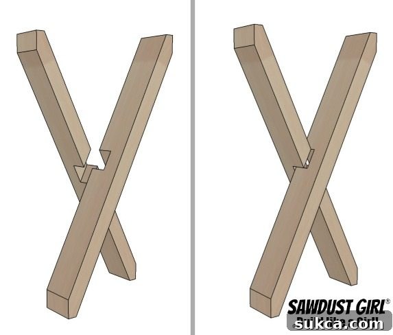 Completed X-braces for the console table, demonstrating the half-lap joint technique