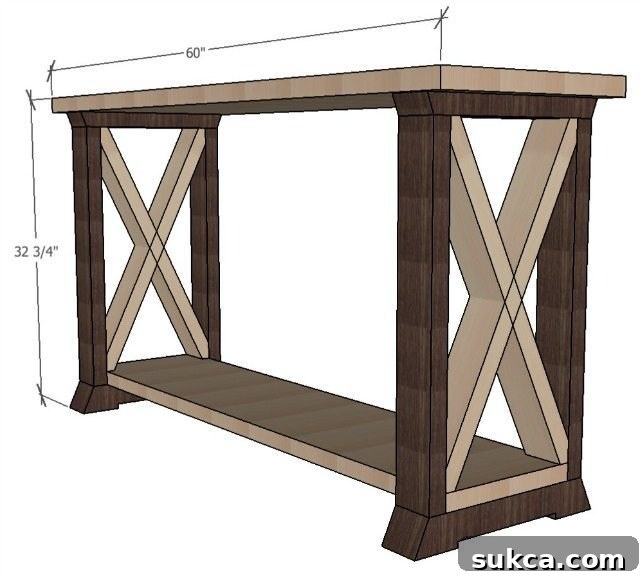 Detailed dimensions for BoX Leg Console Table, guiding your DIY woodworking project