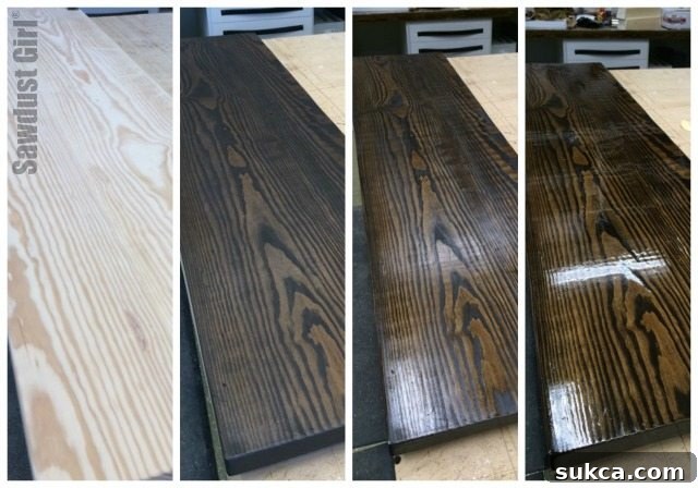 Finished and stained DIY wood console table, showcasing a rich dark finish