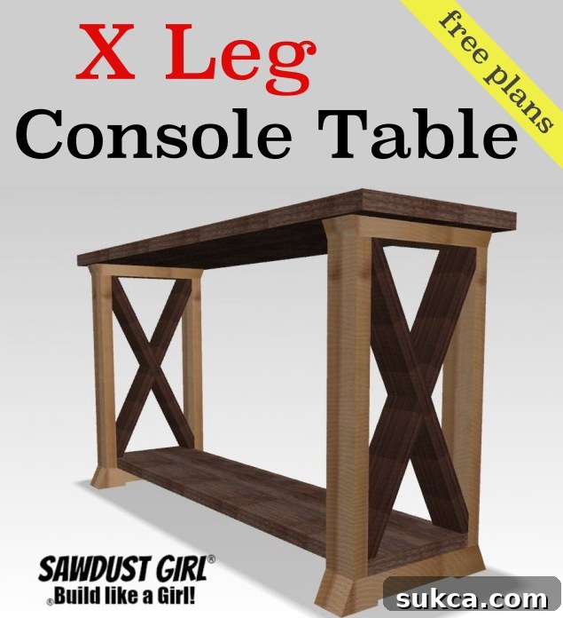 Stylish X leg console table built using free and easy DIY plans