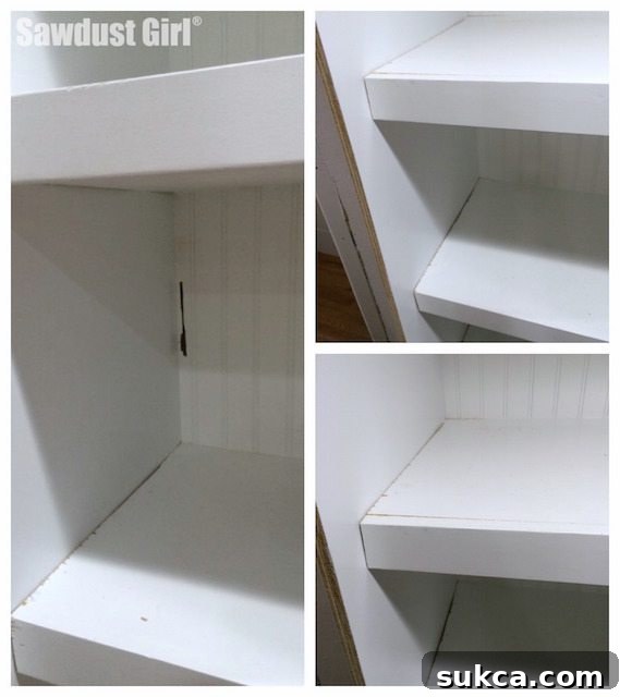 Close-up of the cabinet interior showing shelves and the newly added left faceframe stile