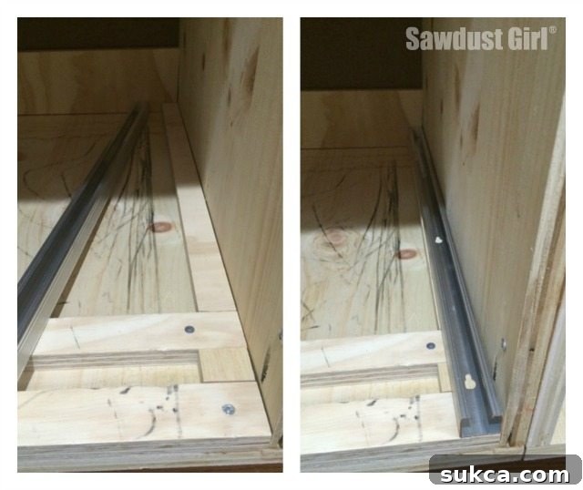 The Ultimate Space-Saving DIY Corner Cabinet 19 Detailed View of Corner Cabinet Sliding Mechanism and Tracks