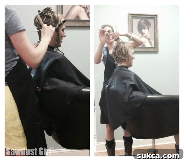 Embracing the freedom of a new short haircut, showing off the sleek, practical style.