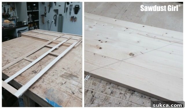 View of multiple custom-cut wood countertop sections laid out, showcasing their unique angles.