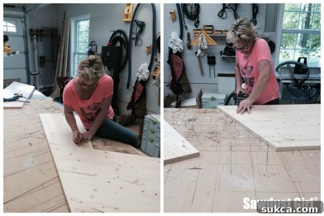 Gluing two larger sections of the wood countertop together using Dominos and clamps.