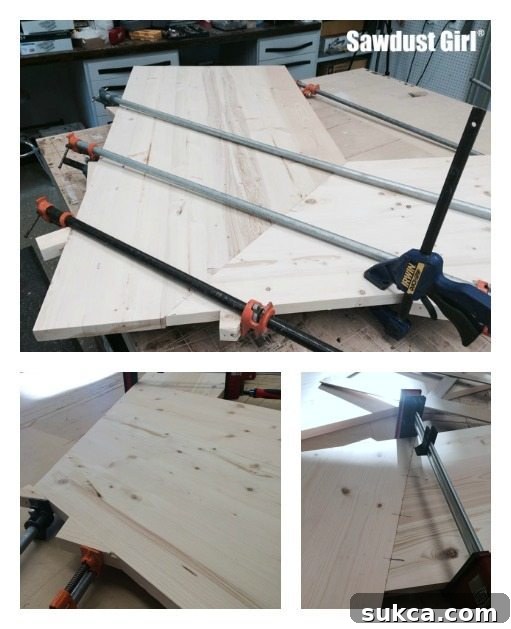 Clamps secured by angled blocks, joining two sections of the wood countertop at a mitered corner.